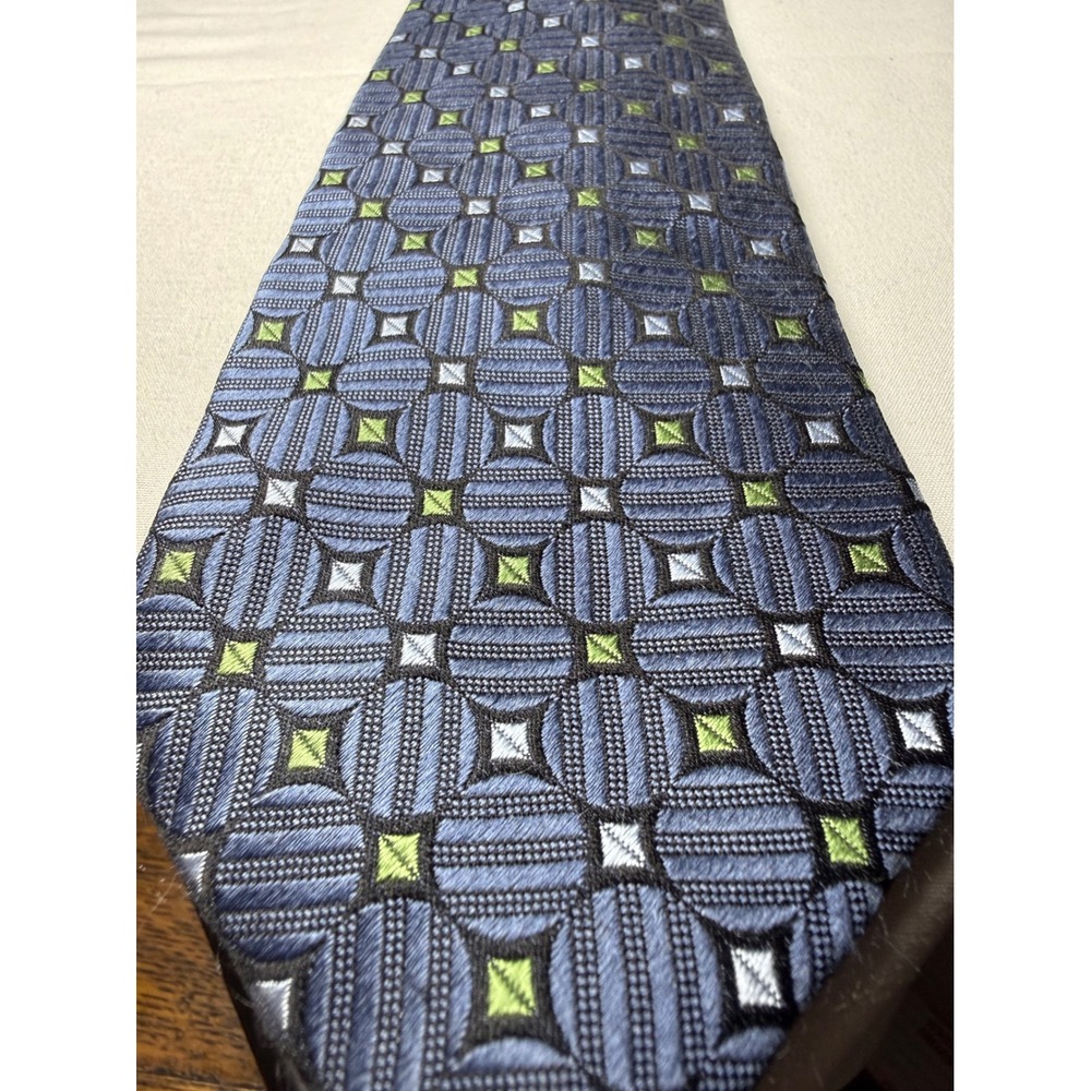 Mens Blue Geometric Pattern Silk Tie Hand Made In China